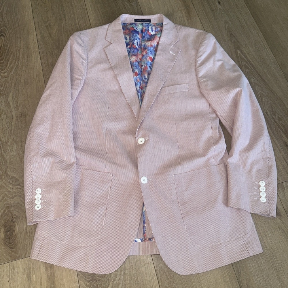 ALAN FLUSSER Red/White Striped Ribbed‎ Twill Sport Coat Jacket Medium Preowned